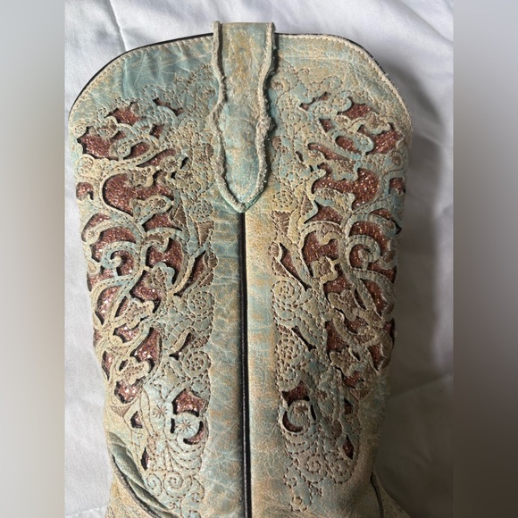 Corral Kids Boots with Turquoise and Brown Embroidery - Picture 4 of 6
